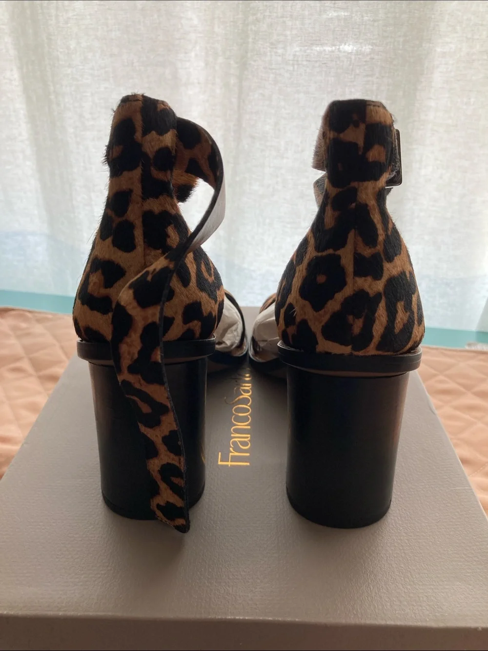 Franco Sarto Leopard Print Block Heel Sandals - Camel/Black size 9M